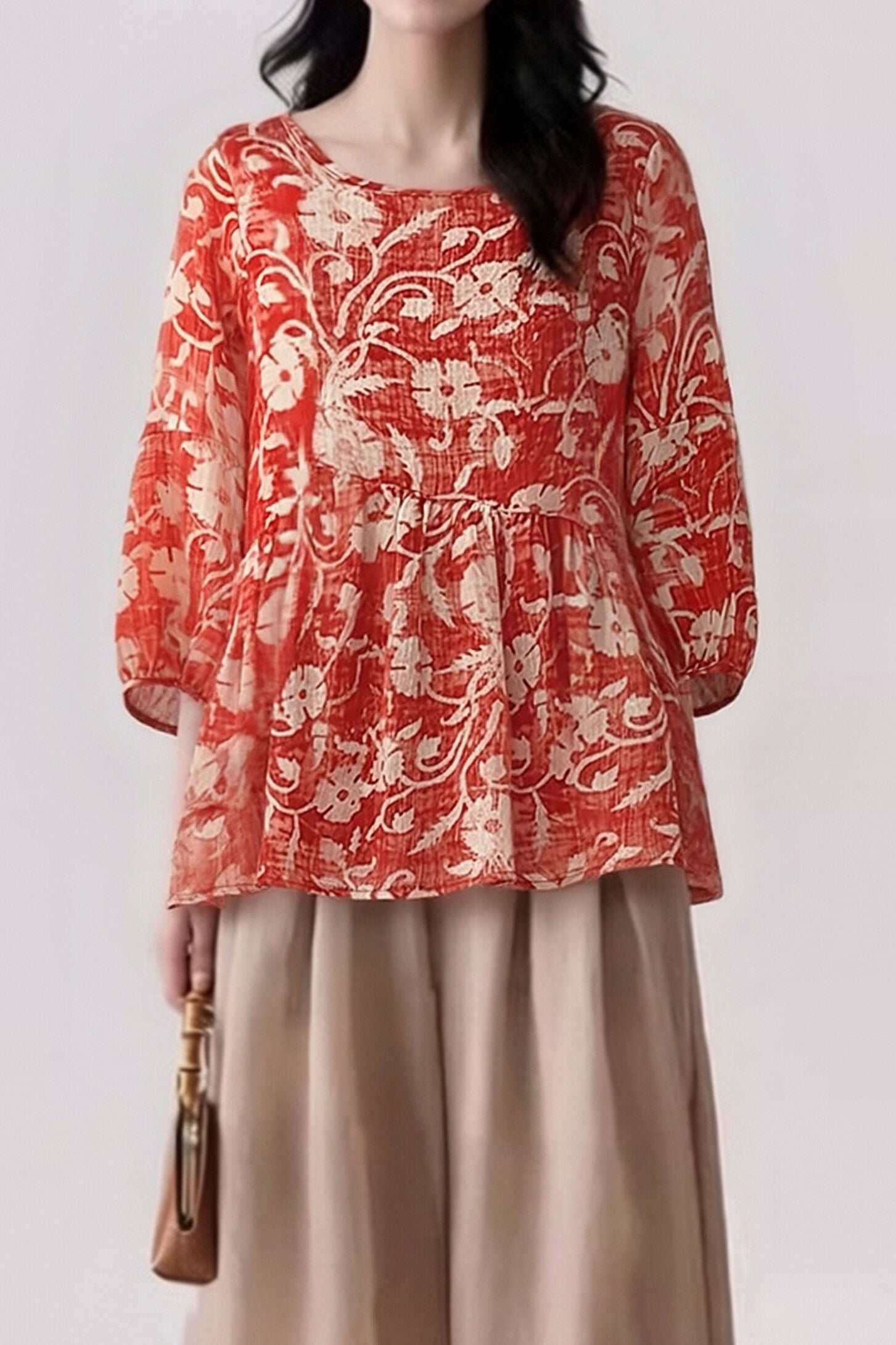 Casual Retro Print Lantern Sleeve Shirt - liwisi