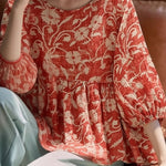 Casual Retro Print Lantern Sleeve Shirt - liwisi