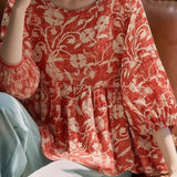 Casual Retro Print Lantern Sleeve Shirt - liwisi