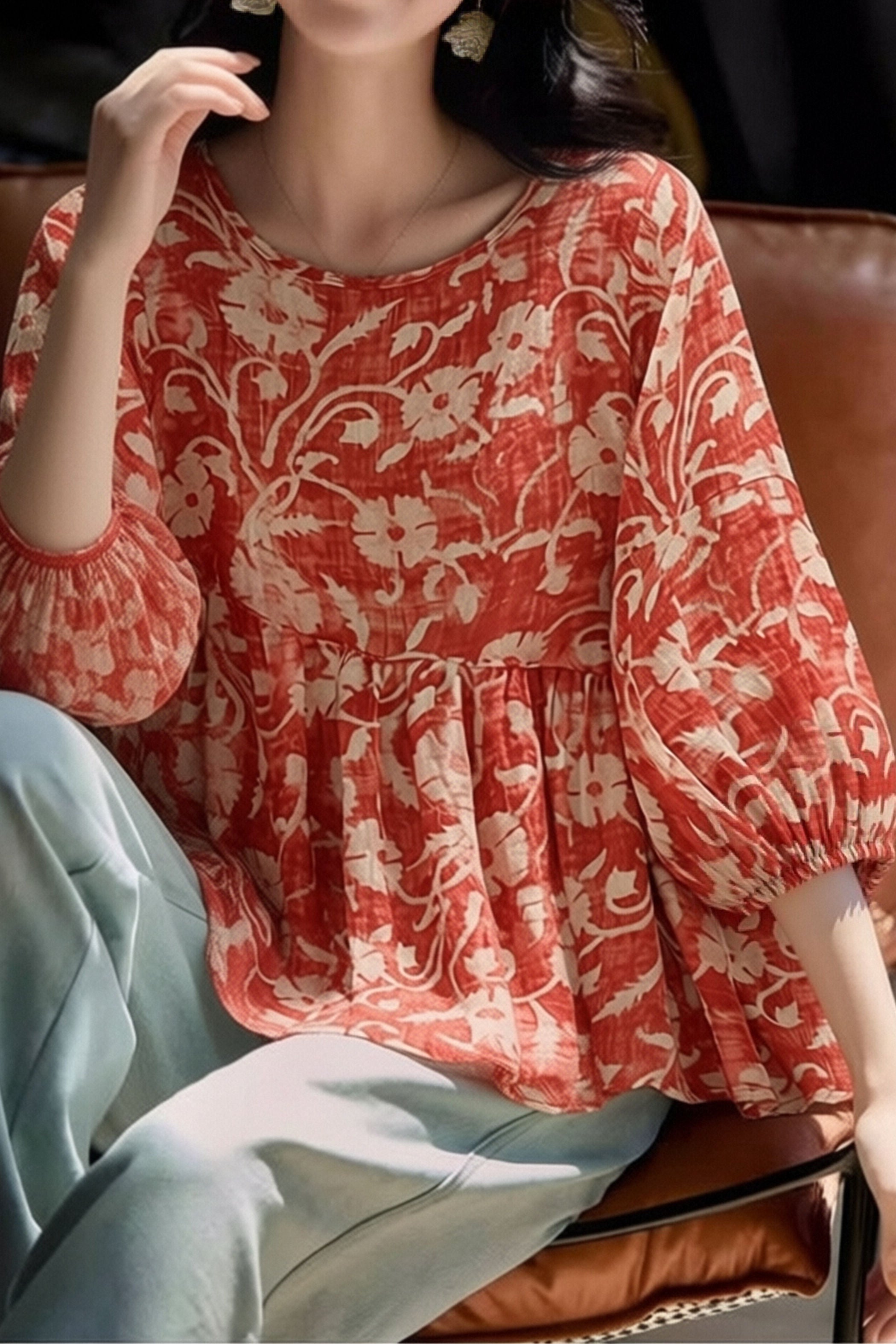 Casual Retro Print Lantern Sleeve Shirt - liwisi