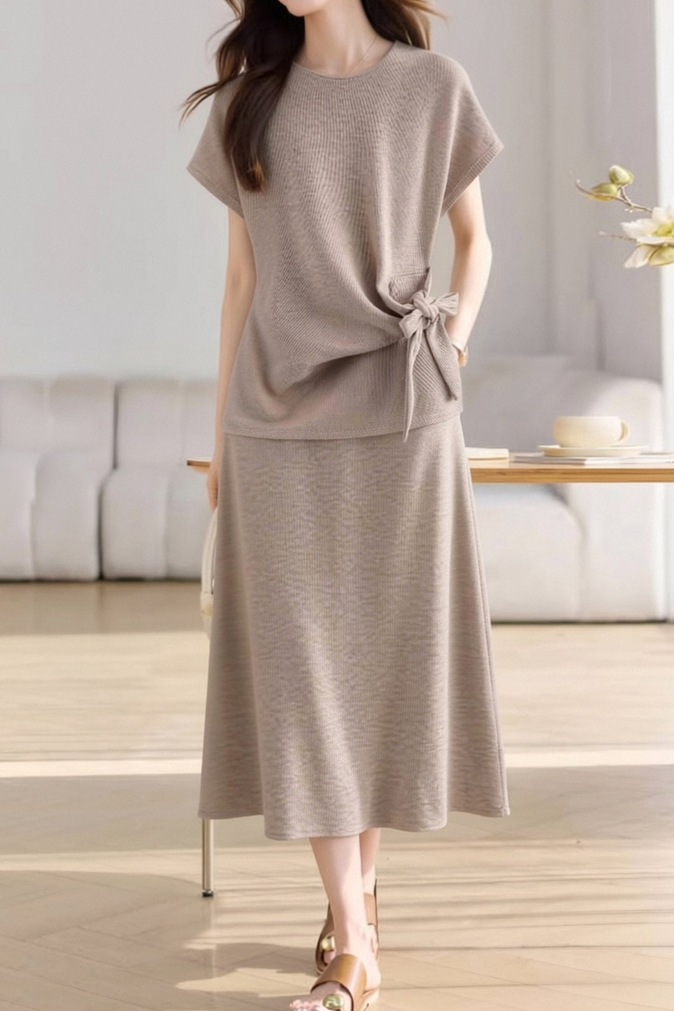Casual Crew Neck T-Shirt And Skirt Two-Piece Set - liwisi