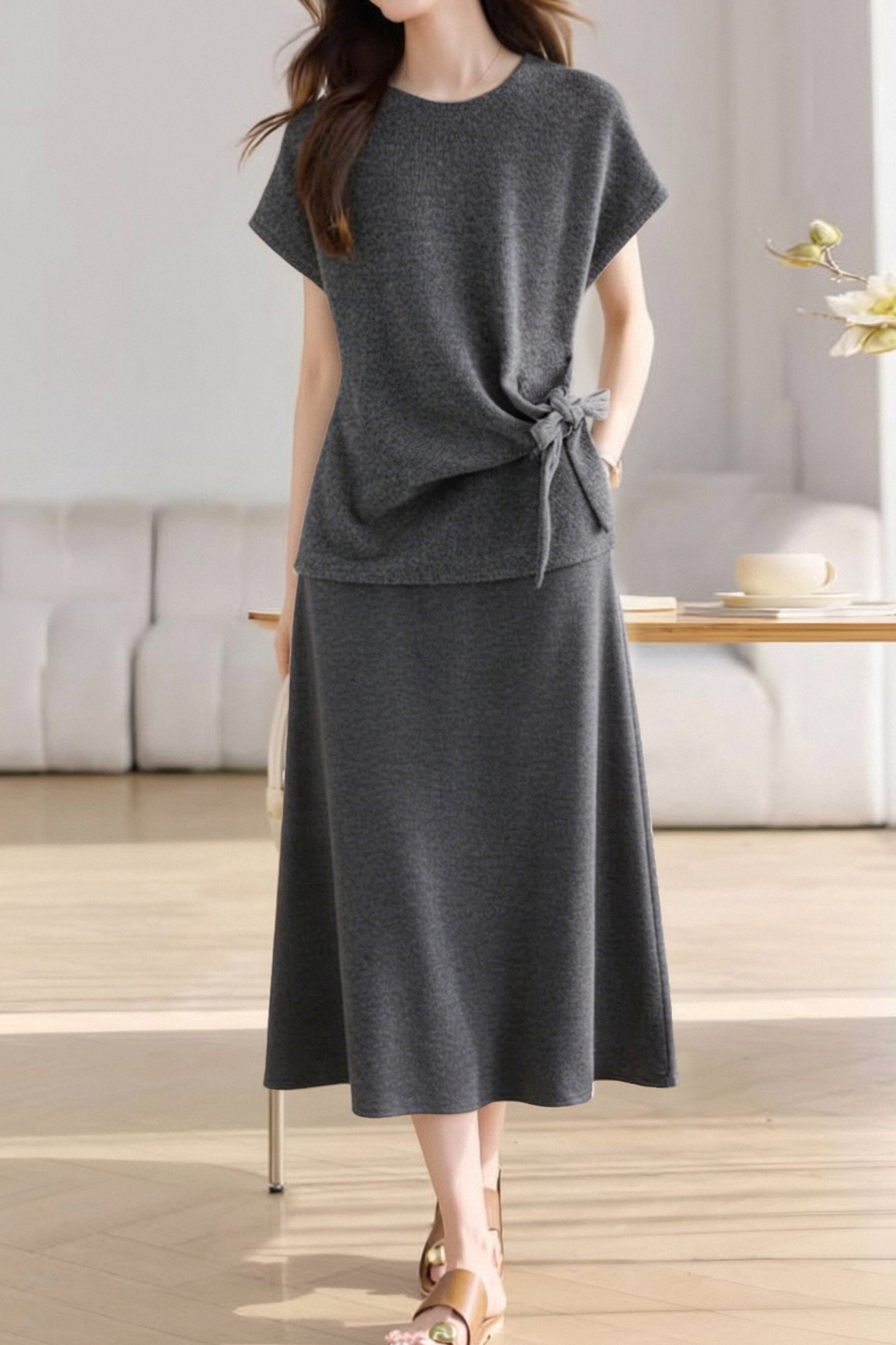 Casual Crew Neck T-Shirt And Skirt Two-Piece Set - liwisi