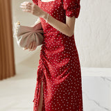 Casual Square-Neck Fitted Puff-Sleeve Dress - liwisi