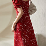 Casual Square-Neck Fitted Puff-Sleeve Dress - liwisi