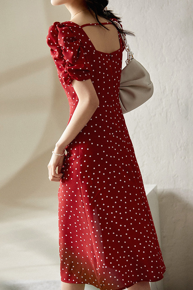 Casual Square-Neck Fitted Puff-Sleeve Dress - liwisi
