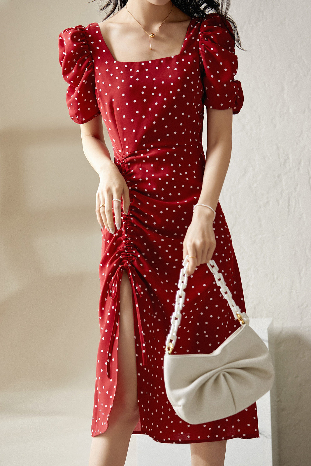 Casual Square-Neck Fitted Puff-Sleeve Dress - liwisi