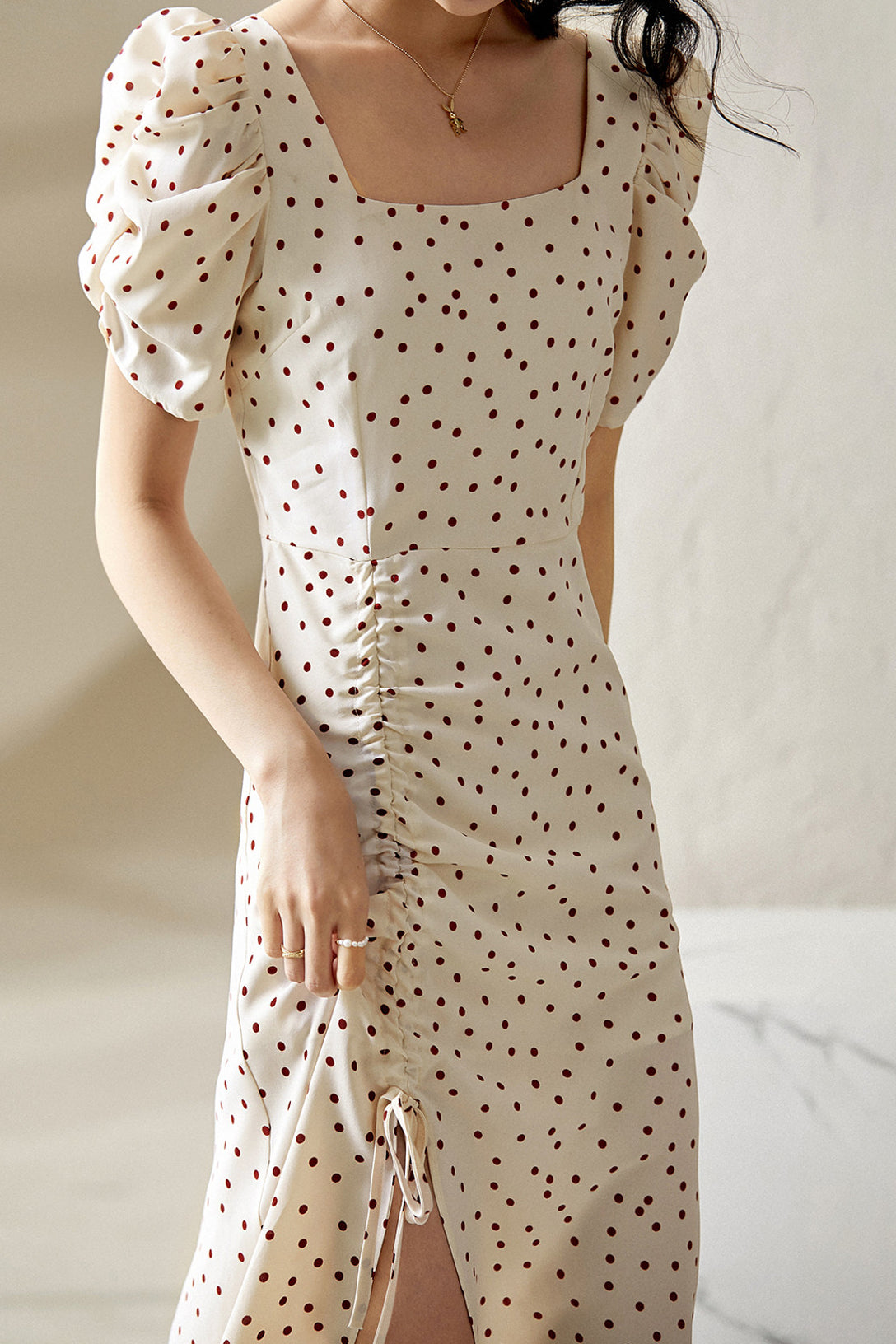 Casual Square-Neck Fitted Puff-Sleeve Dress - liwisi