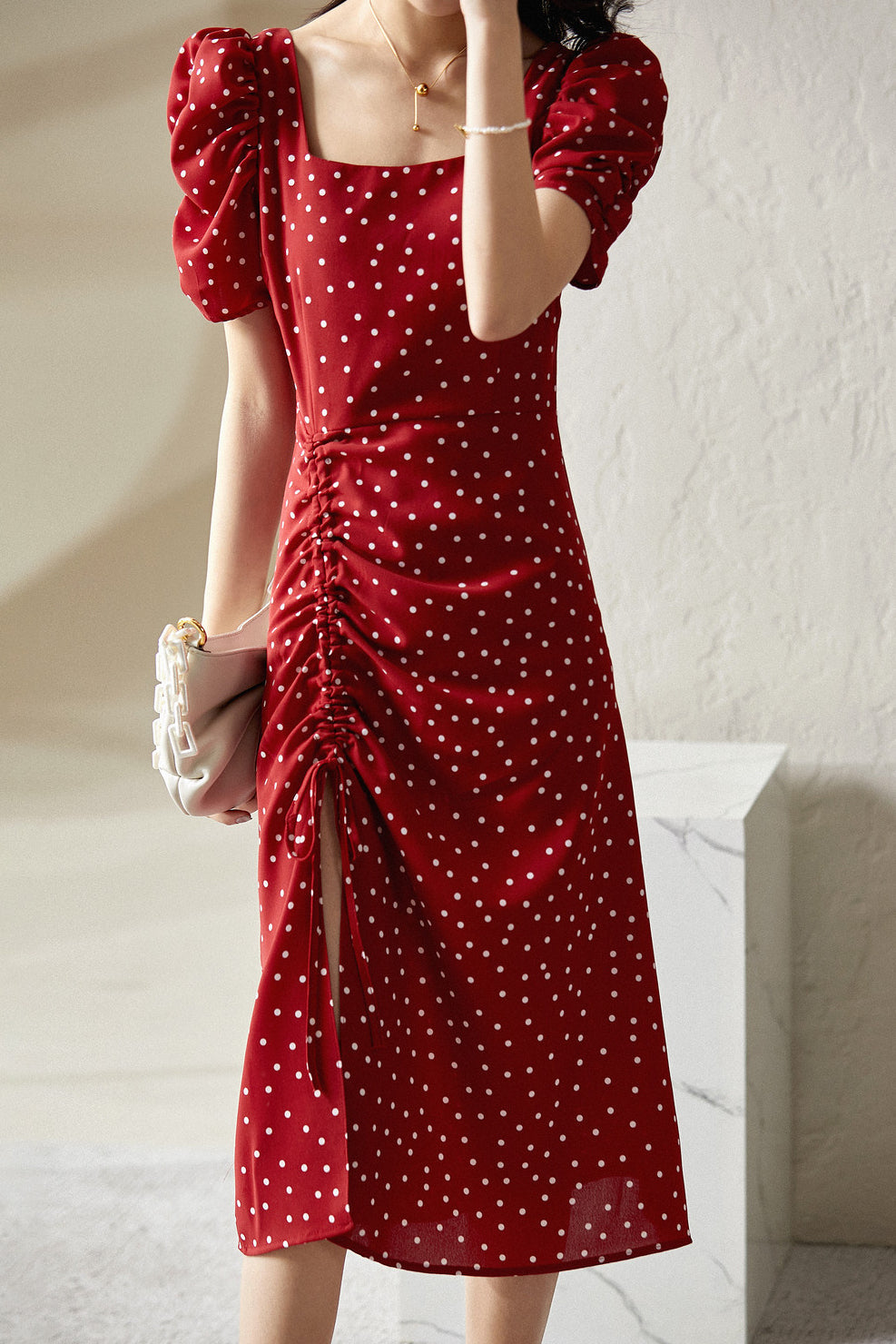 Casual Square-Neck Fitted Puff-Sleeve Dress - liwisi