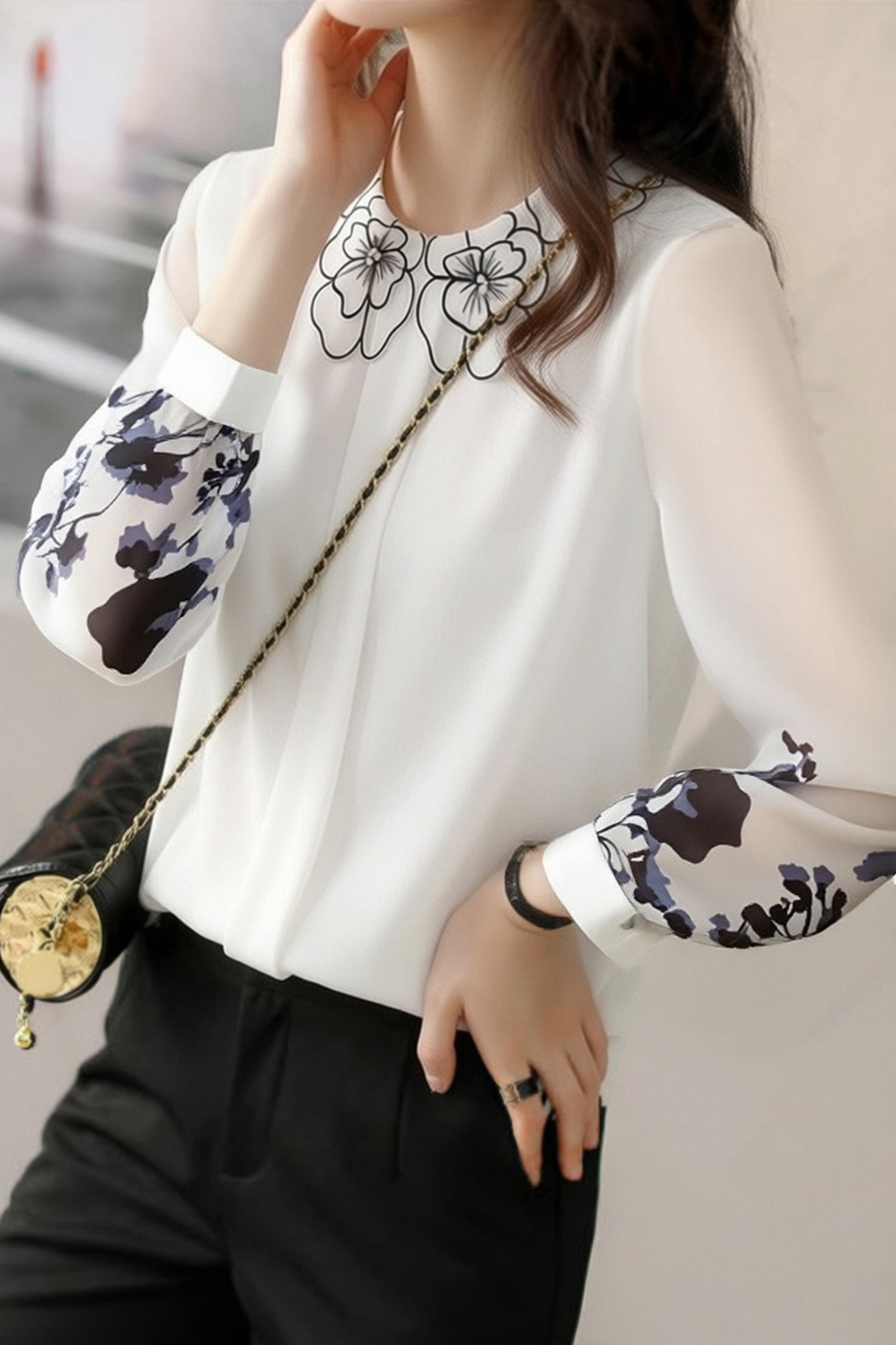 Casual Petal-Collar Printed Shirt - liwisi