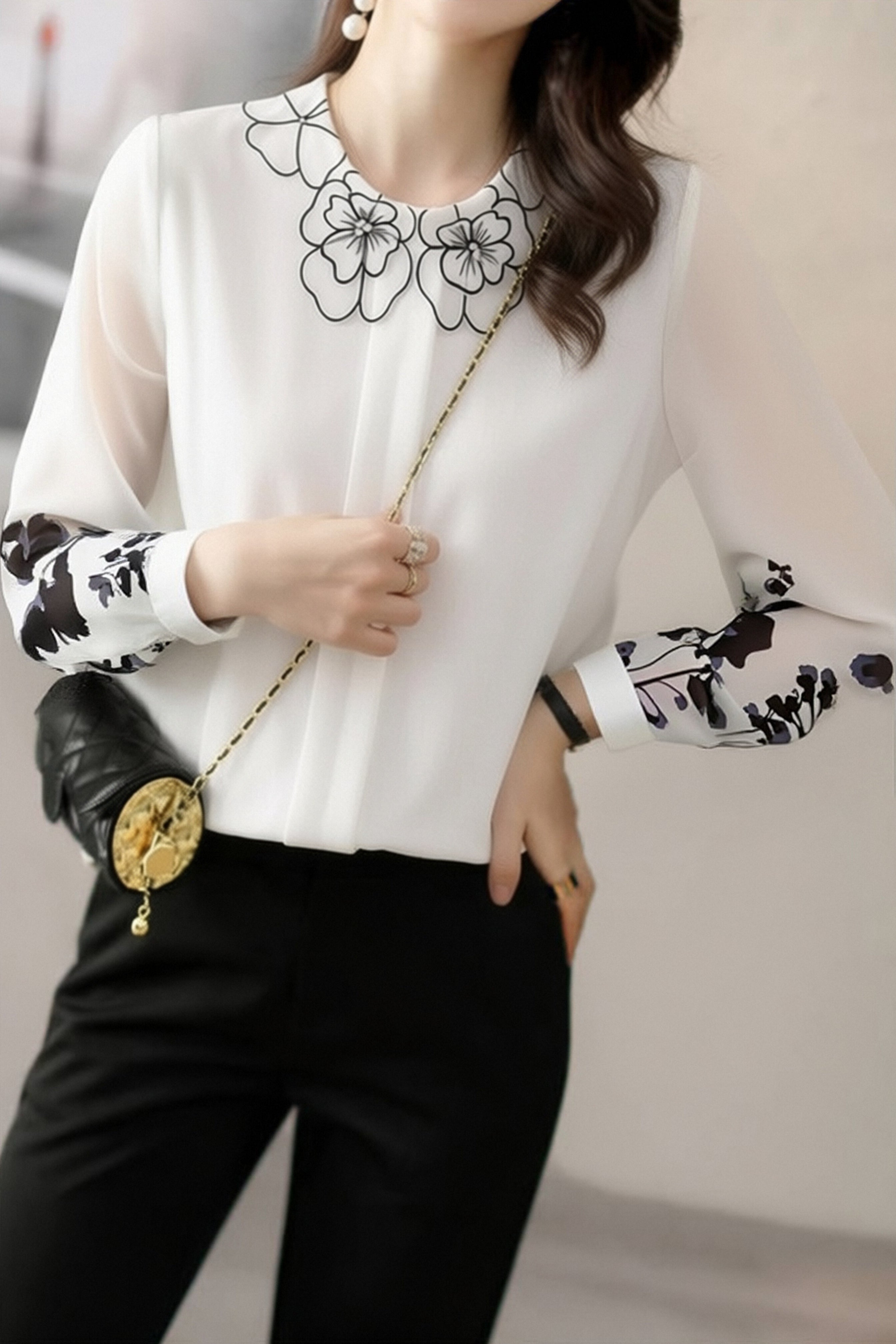 Casual Petal-Collar Printed Shirt - liwisi