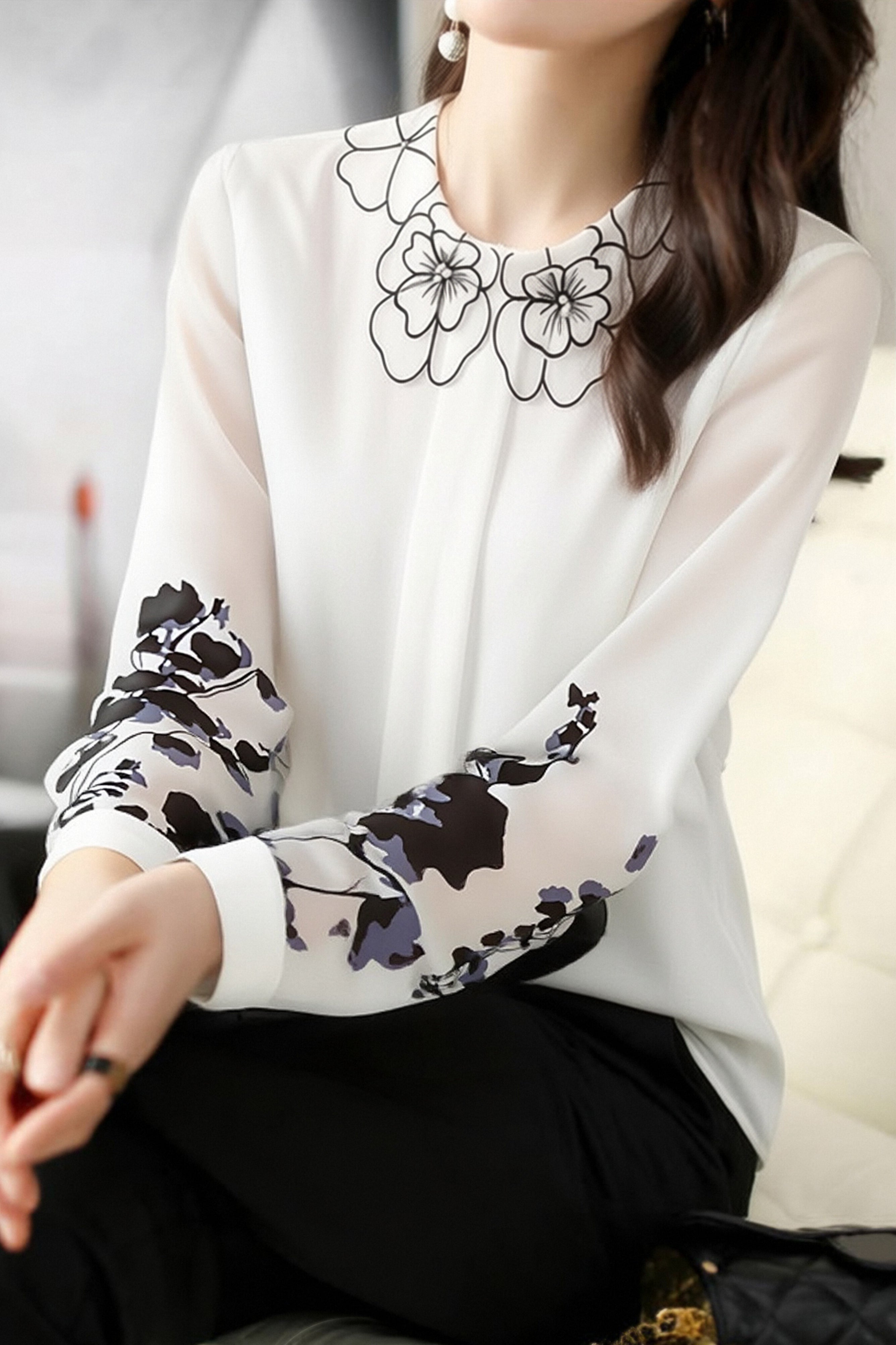 Casual Petal-Collar Printed Shirt - liwisi