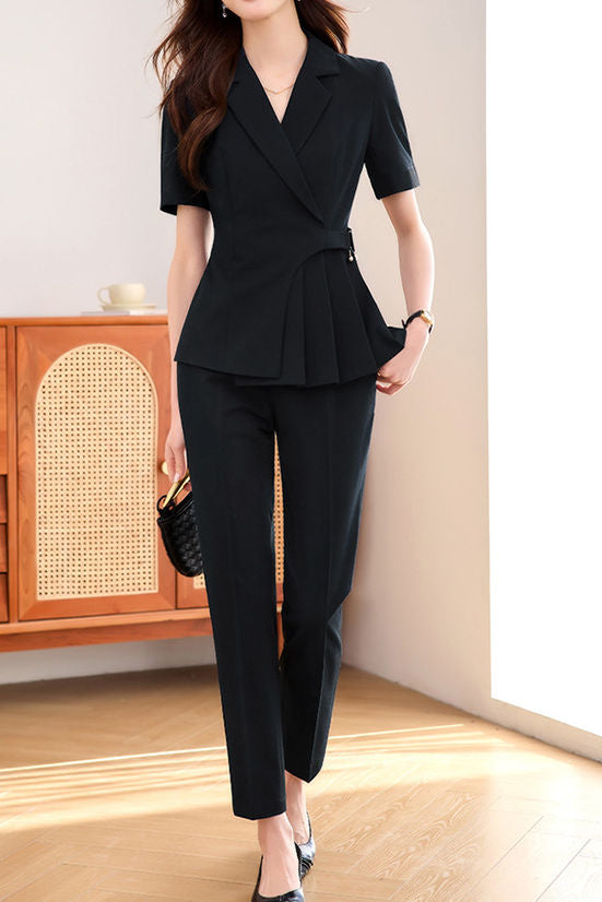 Casual Waist Blazer Nine-Point Pants Set - liwisi