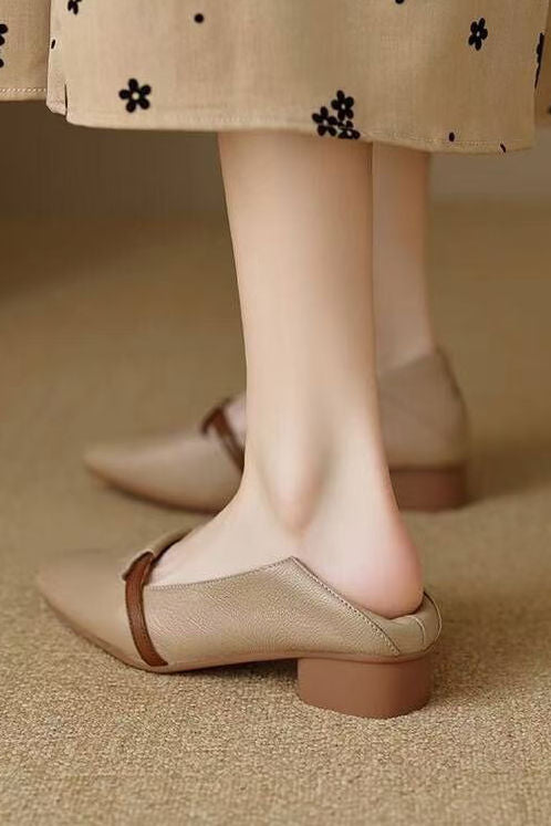 Casual Block Heel Soft Leather Pointed Toe Low Heel Shoes - liwisi