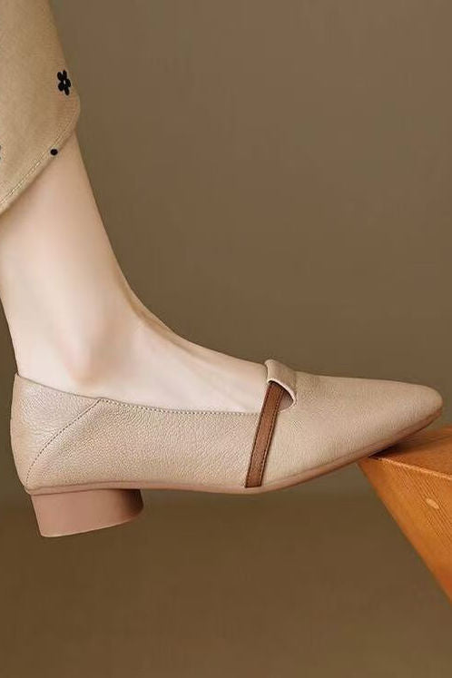 Casual Block Heel Soft Leather Pointed Toe Low Heel Shoes - liwisi