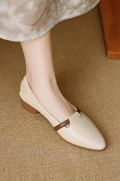 Casual Block Heel Soft Leather Pointed Toe Low Heel Shoes - liwisi