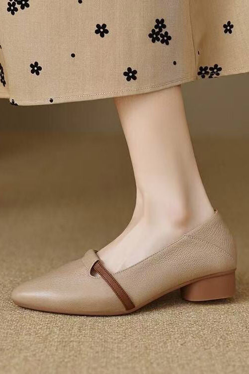 Casual Block Heel Soft Leather Pointed Toe Low Heel Shoes - liwisi