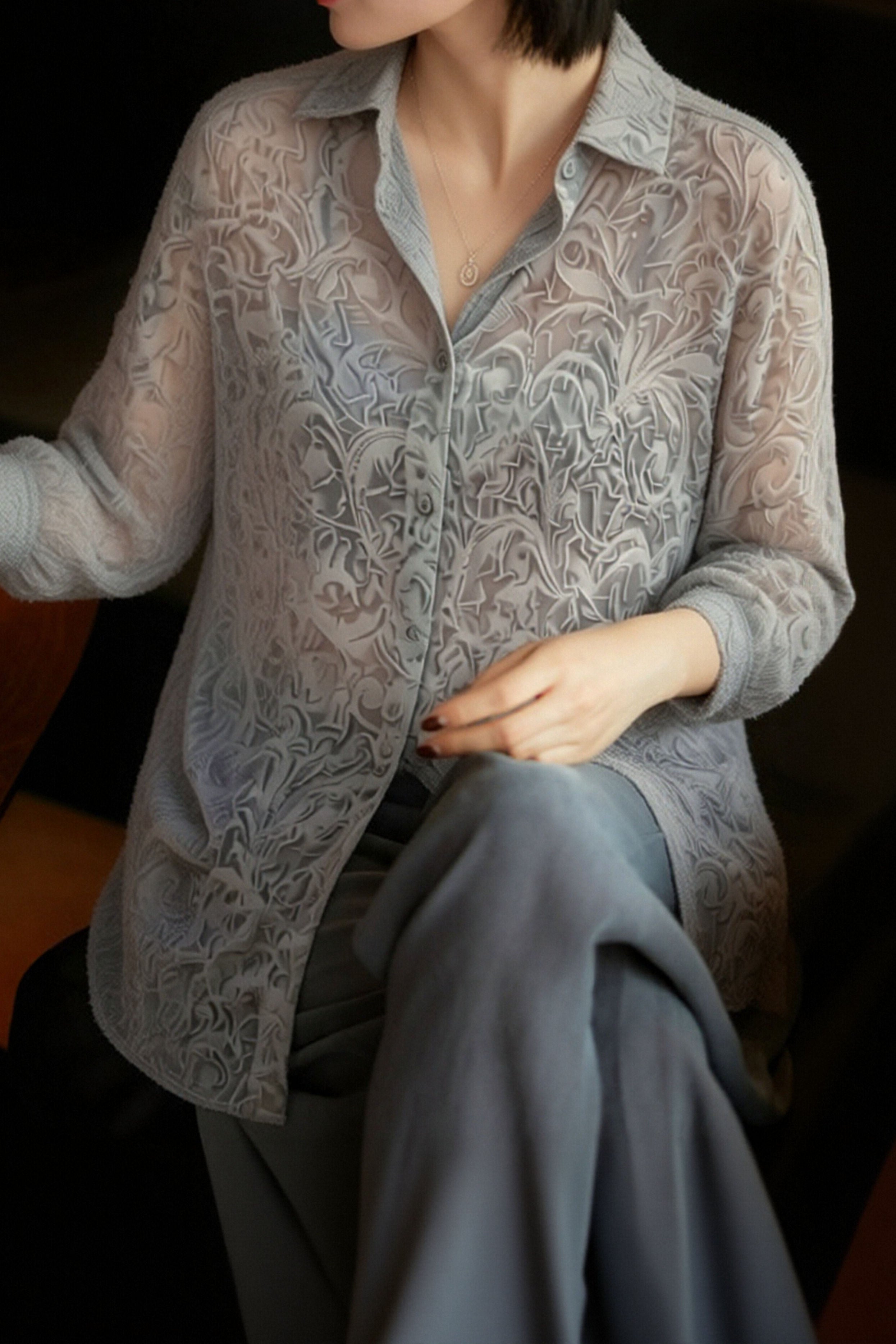 Casual Sheer Unique Long Sleeve Blouse - liwisi