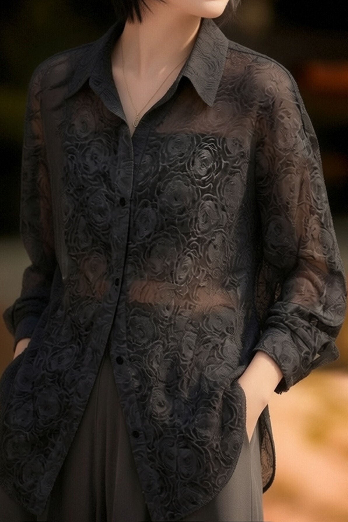 Casual Sheer Unique Long Sleeve Blouse - liwisi