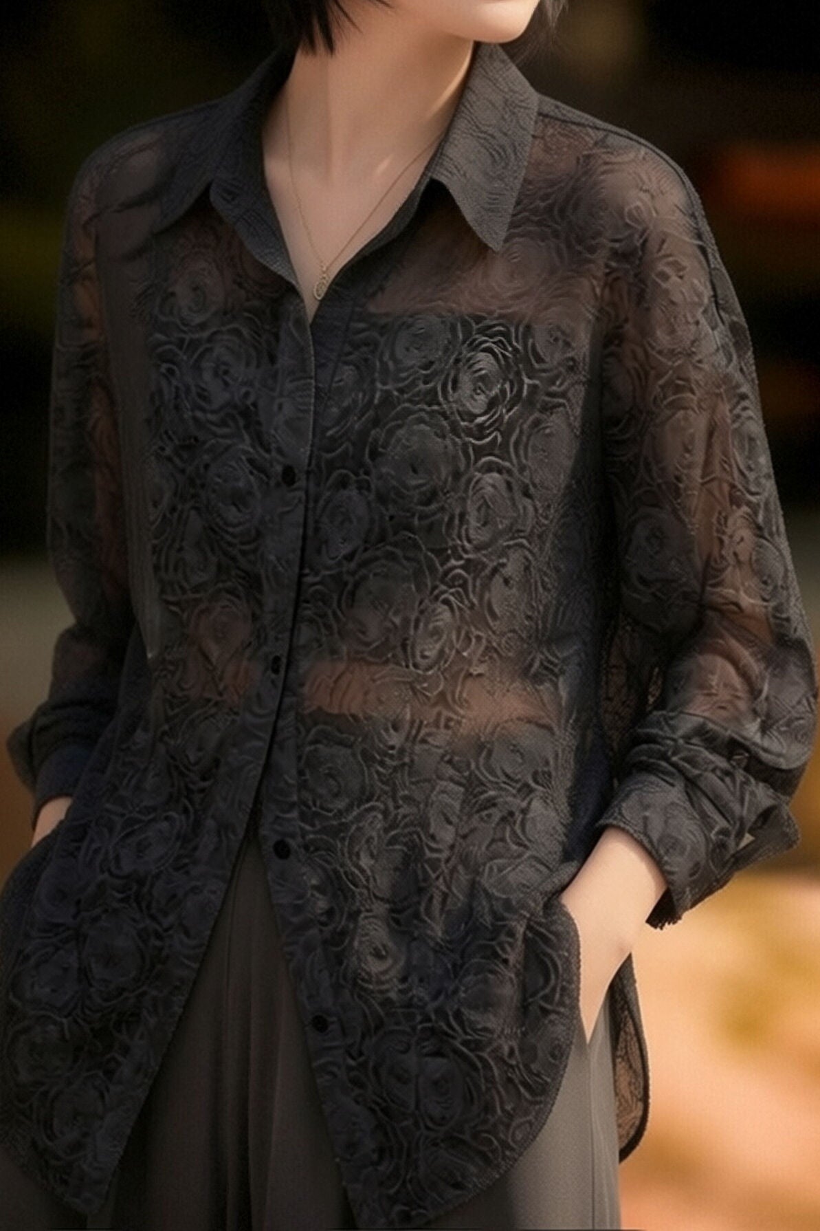 Casual Sheer Unique Long Sleeve Blouse - liwisi