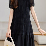 Elegant Textured Short Sleeve High Waist Dress - liwisi
