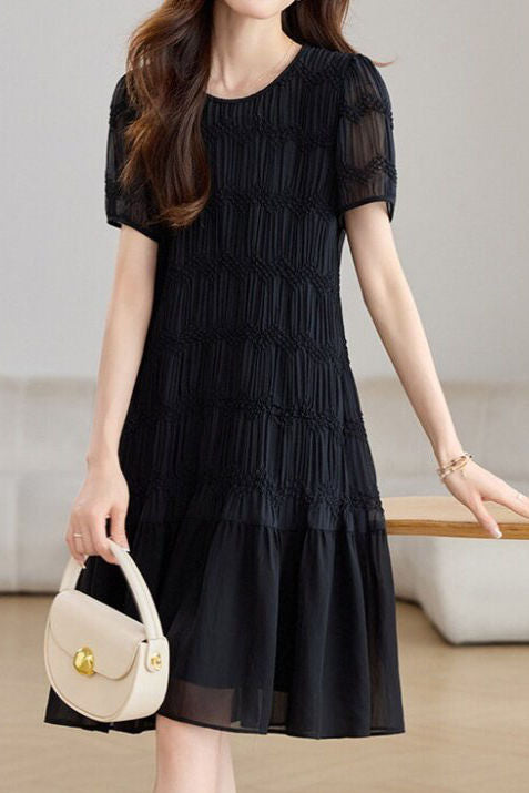 Elegant Textured Short Sleeve High Waist Dress - liwisi
