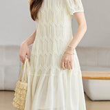 Elegant Textured Short Sleeve High Waist Dress - liwisi