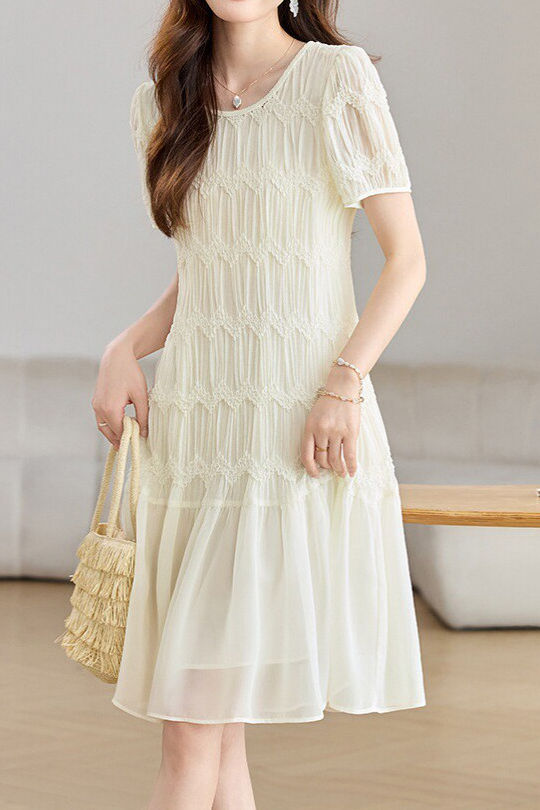 Elegant Textured Short Sleeve High Waist Dress - liwisi