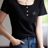Casual Letter Embroidered Short Sleeve T-Shirt - liwisi