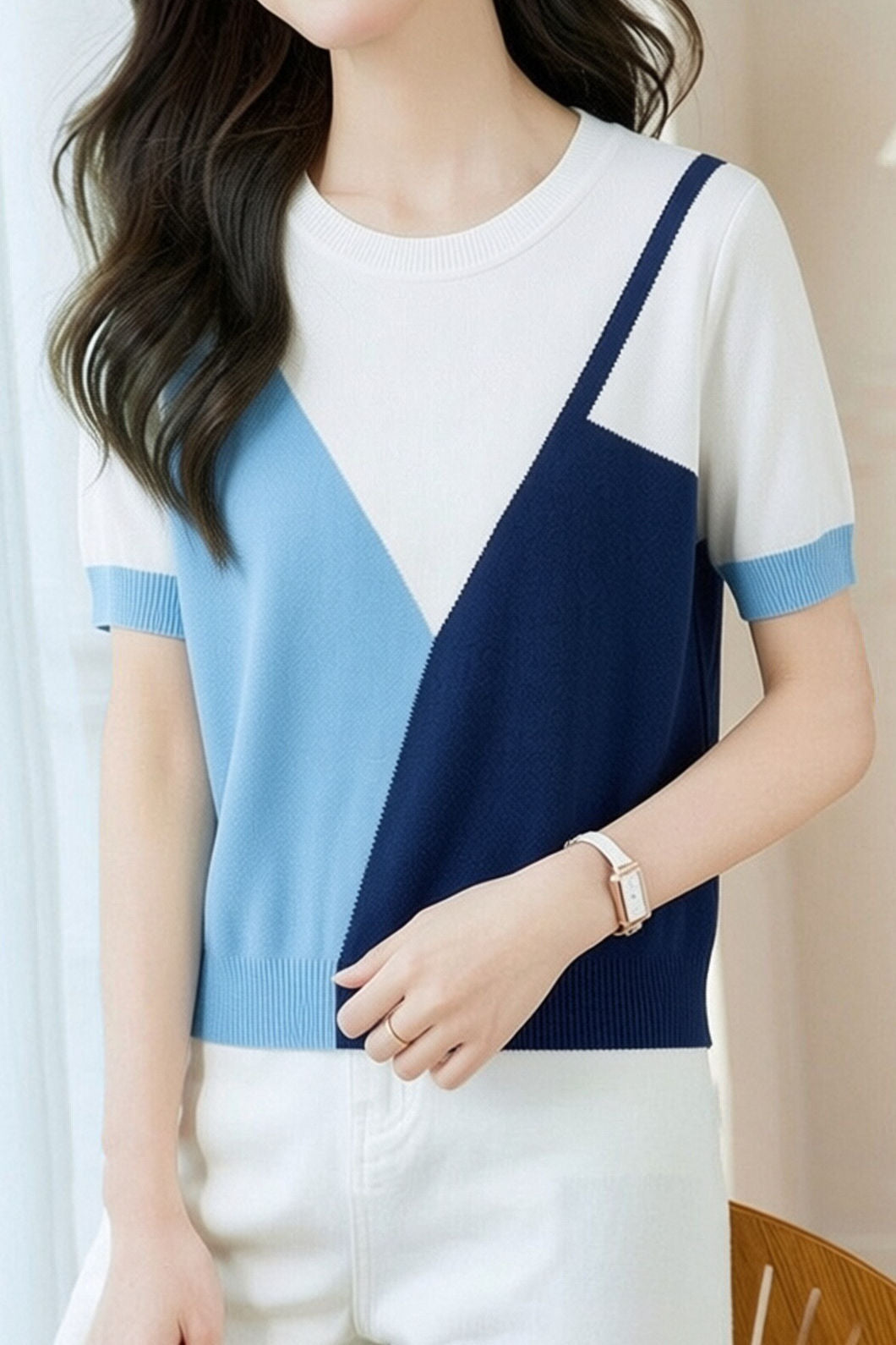 Casual Regular Shoulder Short Sleeve Ice Silk Knit Sweater - liwisi