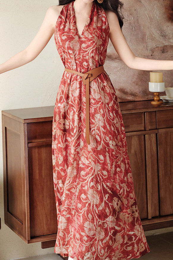 Casual Vintage Print Halter Dress - liwisi