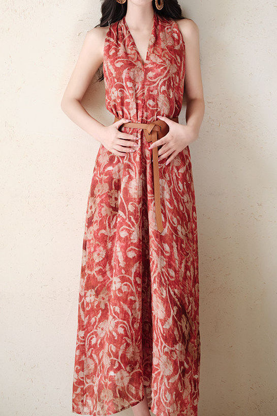 Casual Vintage Print Halter Dress - liwisi