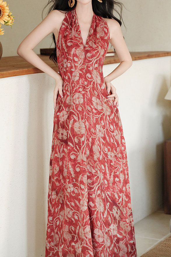 Casual Vintage Print Halter Dress - liwisi