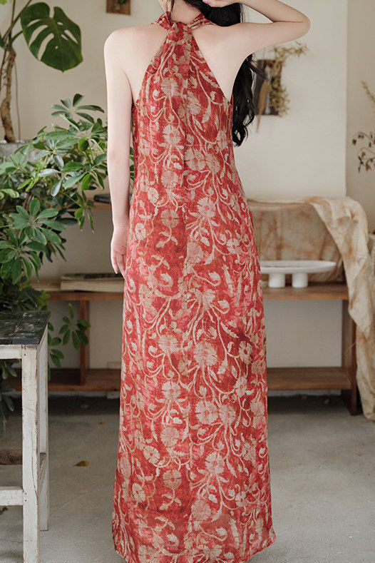 Casual Vintage Print Halter Dress - liwisi