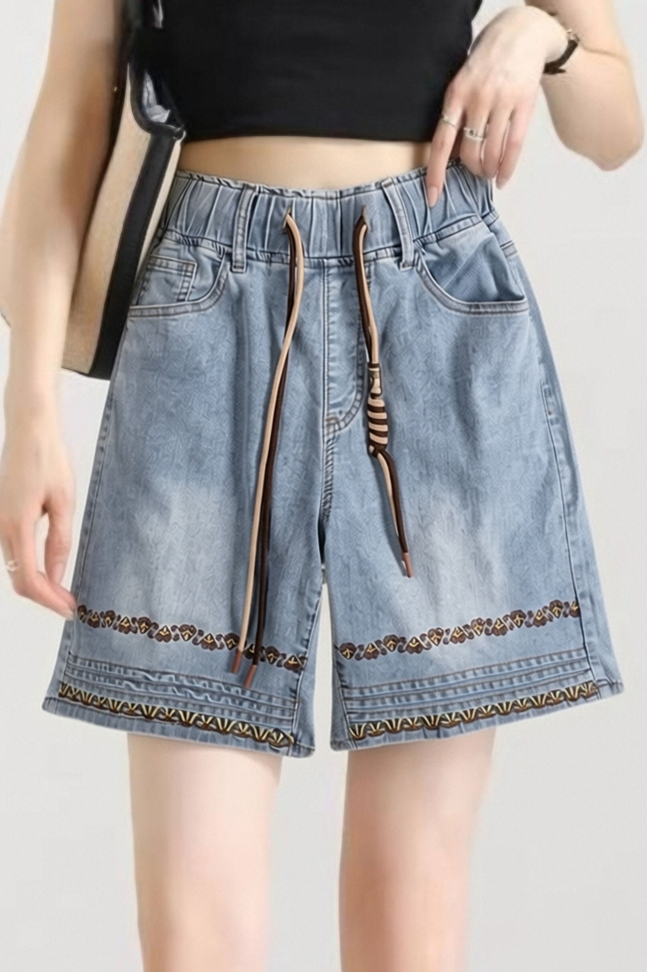 Casual High Waist Embroidered Knee-Length Shorts - liwisi