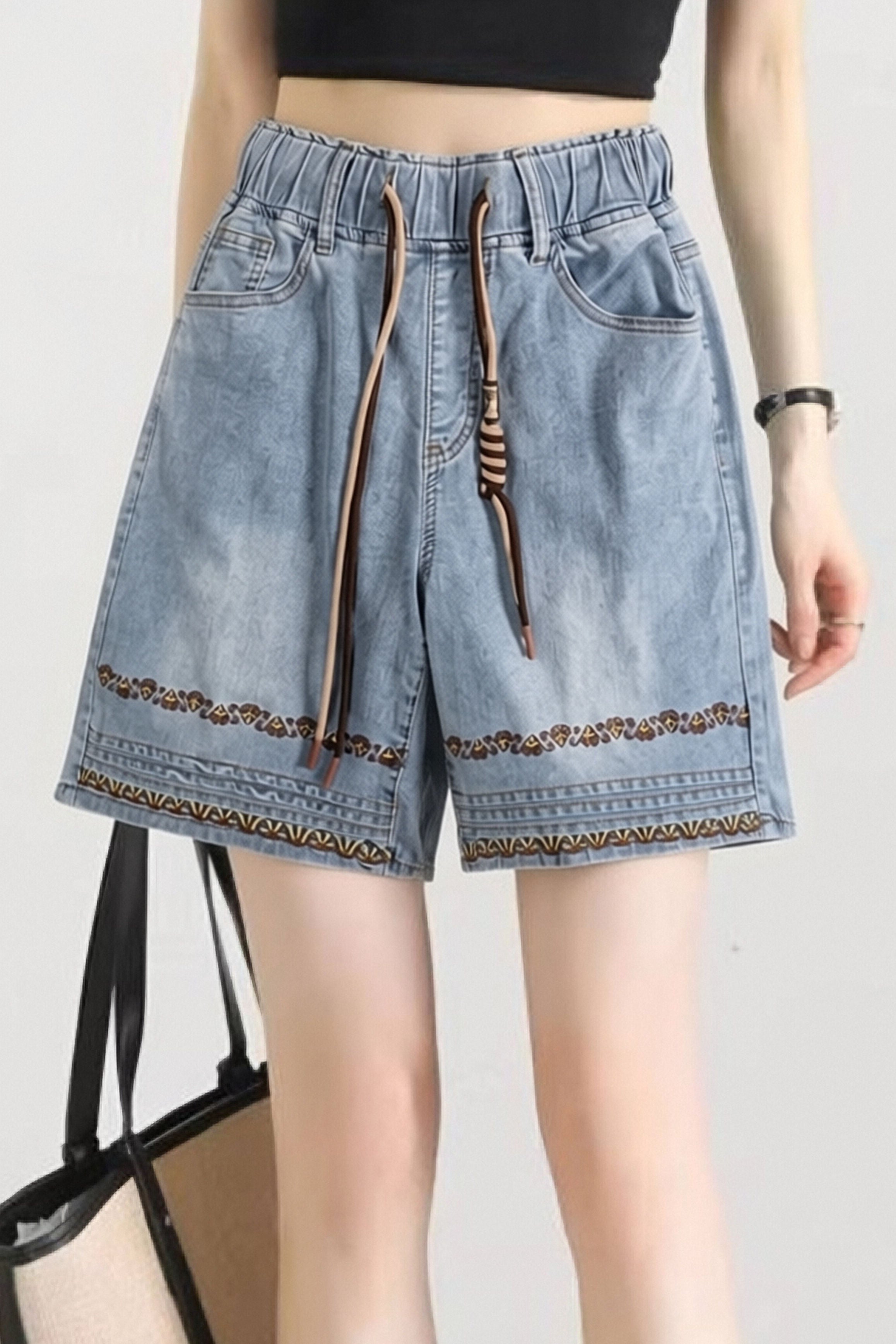 Casual High Waist Embroidered Knee-Length Shorts - liwisi