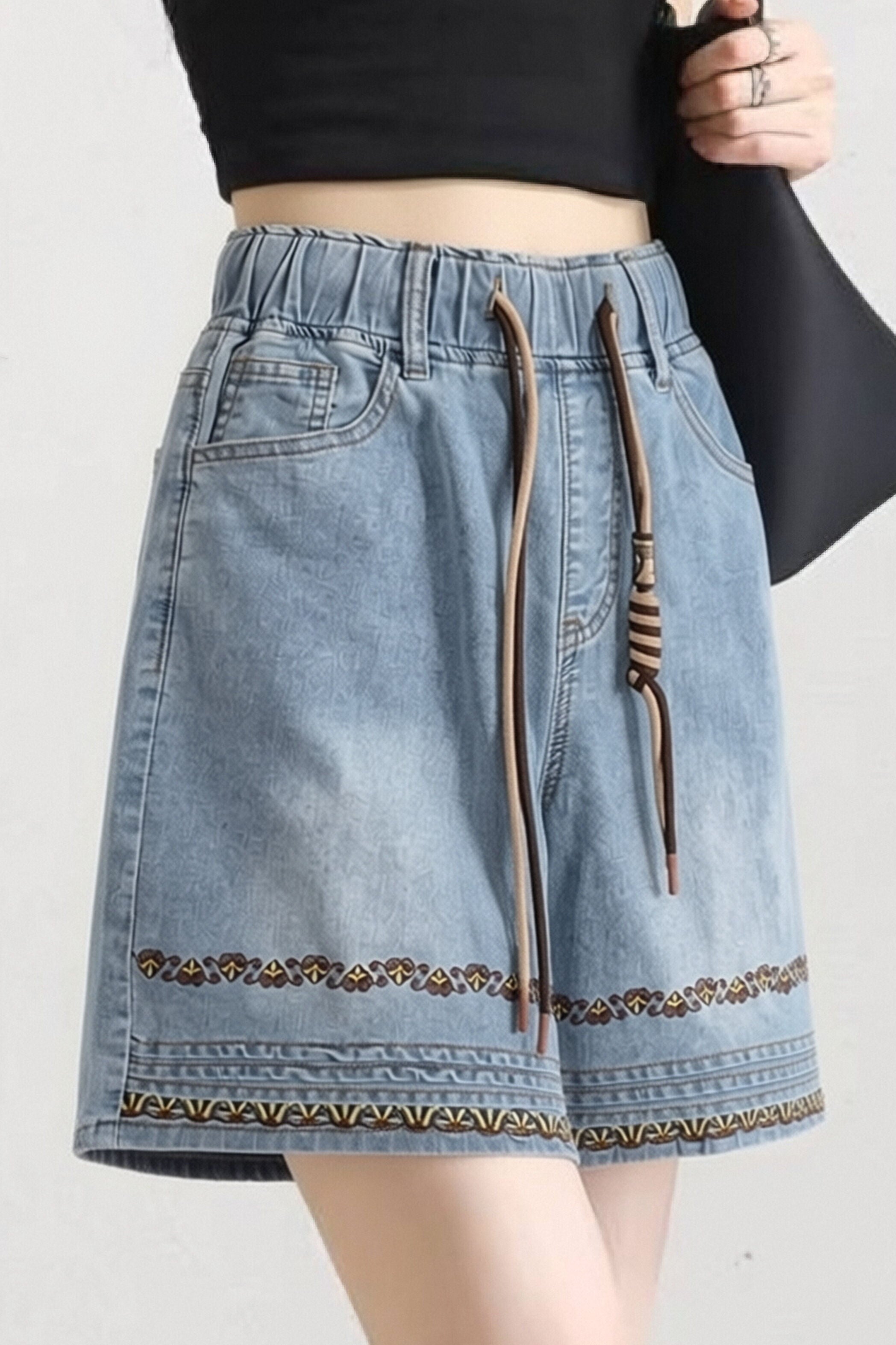 Casual High Waist Embroidered Knee-Length Shorts - liwisi
