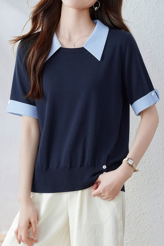 Casual Blue Edge Color Block T-Shirt - liwisi