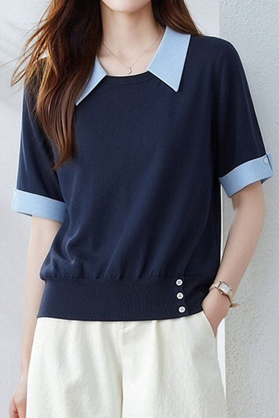 Casual Blue Edge Color Block T-Shirt - liwisi