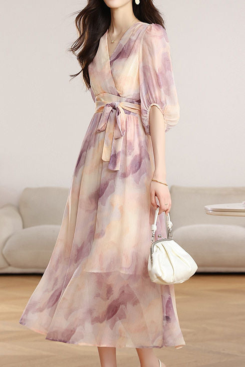 Elegant V-Neck Tie Waist Dress - liwisi