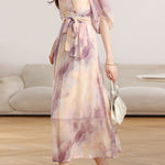 Elegant V-Neck Tie Waist Dress - liwisi