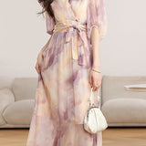 Elegant V-Neck Tie Waist Dress - liwisi