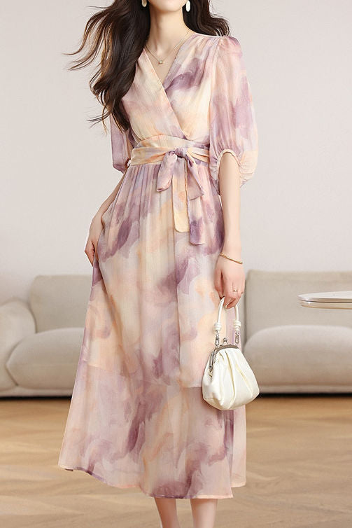 Elegant V-Neck Tie Waist Dress - liwisi