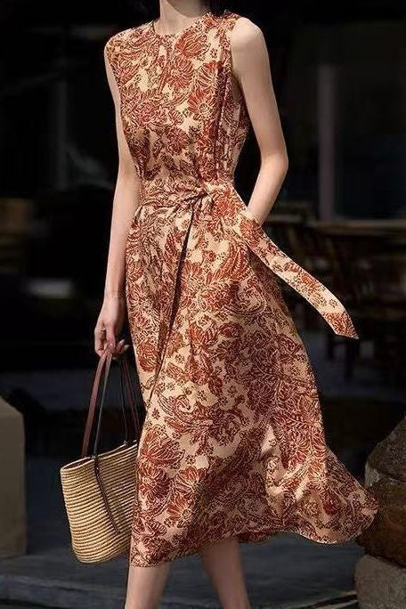 Casual Reddish Brown Printed Dress - liwisi
