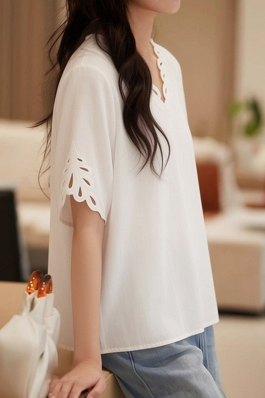 Casual V-Neck Crochet Mid Sleeve T-Shirt - liwisi