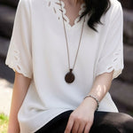 Casual V-Neck Crochet Mid Sleeve T-Shirt - liwisi