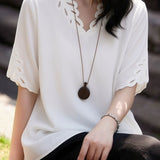 Casual V-Neck Crochet Mid Sleeve T-Shirt - liwisi