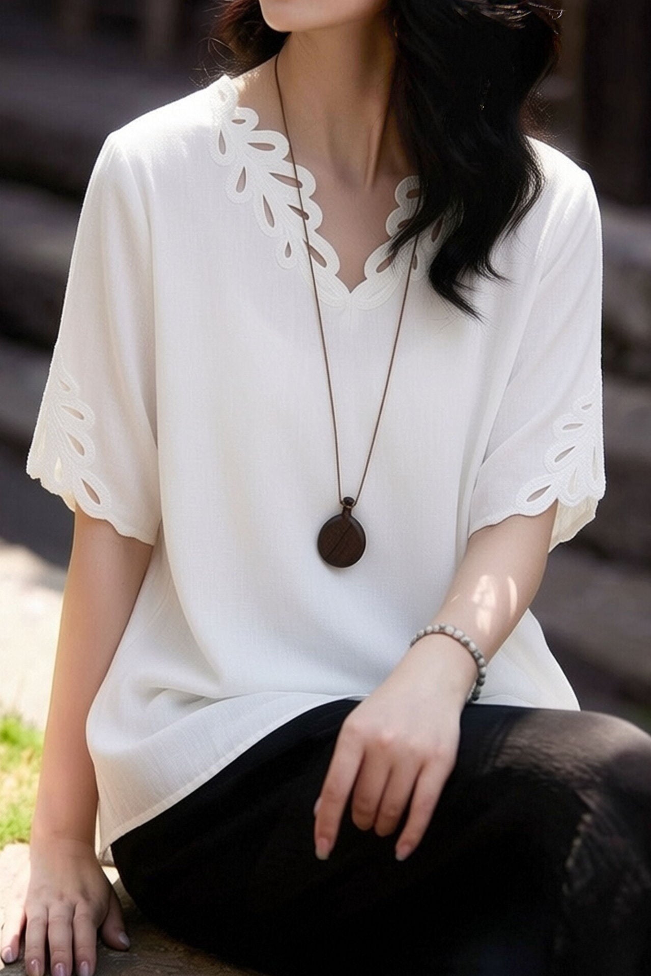 Casual V-Neck Crochet Mid Sleeve T-Shirt - liwisi