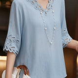 Casual V-Neck Crochet Mid Sleeve T-Shirt - liwisi