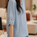 Casual V-Neck Crochet Mid Sleeve T-Shirt - liwisi