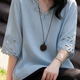 Casual V-Neck Crochet Mid Sleeve T-Shirt - liwisi